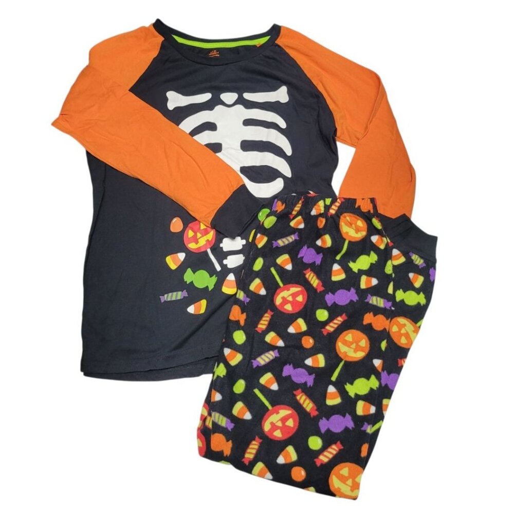 Halloween Candy Corn Pajama Set‎ Boys Medium 8 10 Orange Black Skeleton Fleece